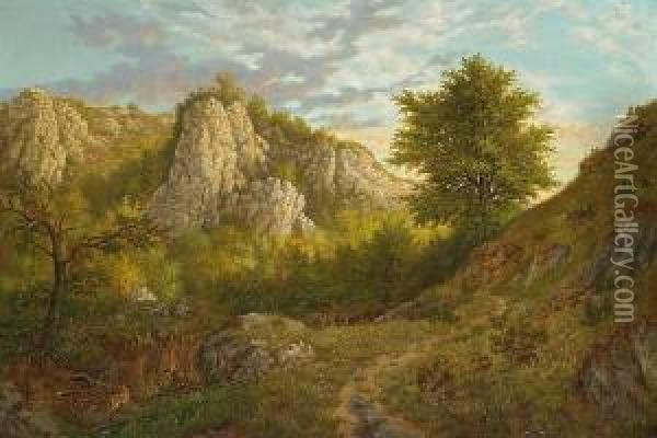A Rocky Landscape With Trees Oil Painting - Andre Sodar