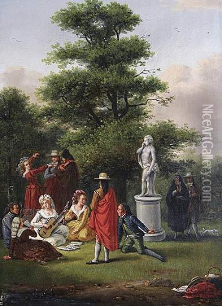 Baile En Un Parque Cerca De Una Fuente / Concierto Campestre Junto A Una Estatua Oil Painting - Nicolas Louis Albert Delerive