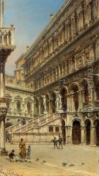 La Cour Interieure Du Palais Des Doges, Venise
 Huile Sur Panneau, Signee En Bas A Gauche Oil Painting - Giovanni Grubacs