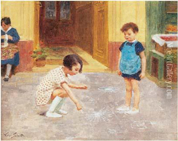 Le Jeu De La Marelle, Circa 1920 Oil Painting - Victor-Gabriel Gilbert