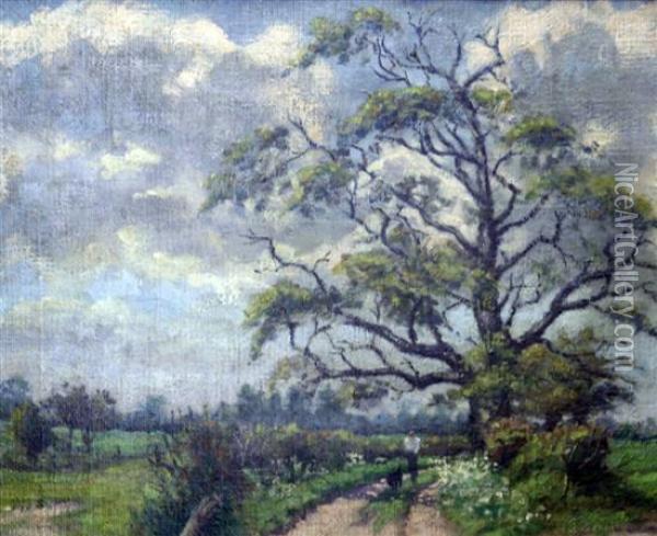 Dog Walker On A Country Path Oil Painting - H. Freckleton