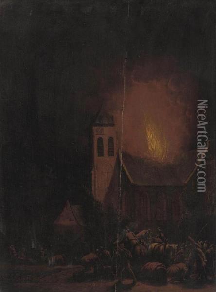 Villagers Fleeing A Fire Oil Painting - Egbert van der Poel