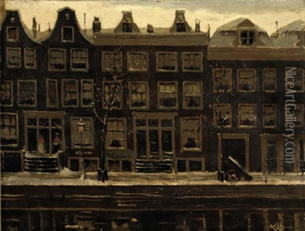 Canal Houses In Winter Oil Painting - Tinus de Jongh