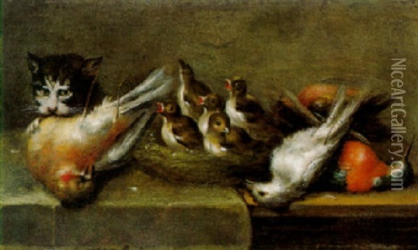 Katze Bei Einem Vogelnest Oil Painting - Johann Adalbert Angermayer
