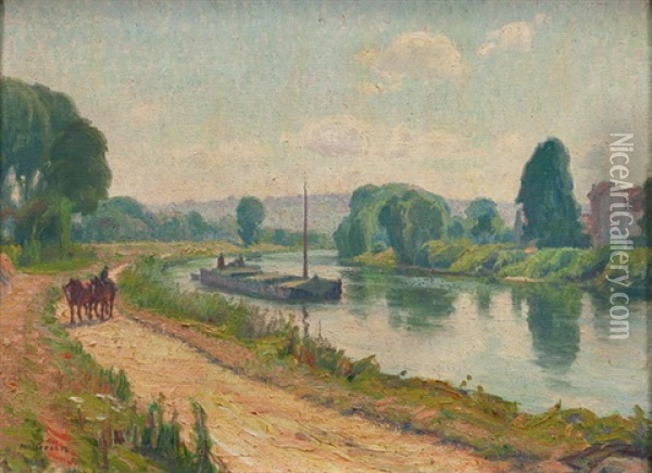 Kanallandschaft Mit Lastkahn Und Pferden Oil Painting - Maurice Grun