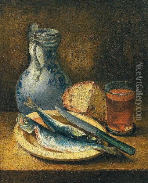Stilleben Mit Heringen, Brot, Krug Und Glas Oil Painting - Johann Andreas Herrlein