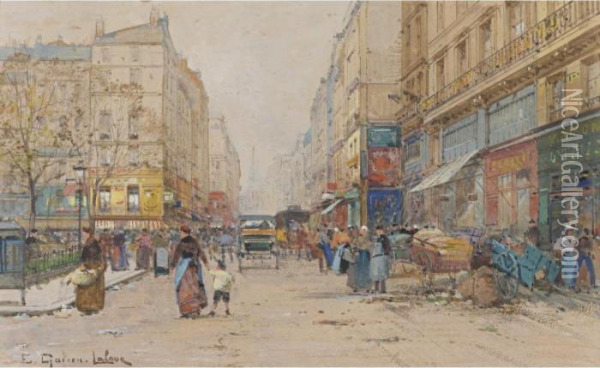 Market Place With A Blue Wagon Oil Painting - Eugene Galien-Laloue