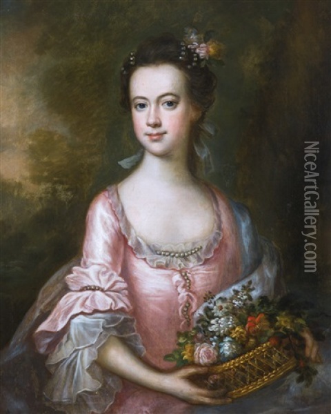 Portrait Of Rachel Busk, Later Mrs Richard Milnes (d. 1835), Half-length, Wearing A Pink Dress And Holding Flowers Oil Painting - Joseph Highmore