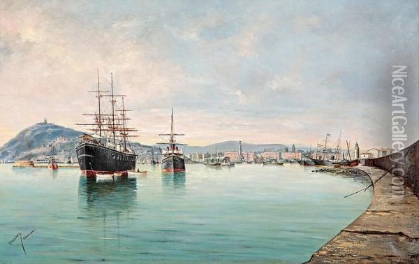 Puerto De Barcelona Oil Painting - Adolfo Giraldez Y Penalver