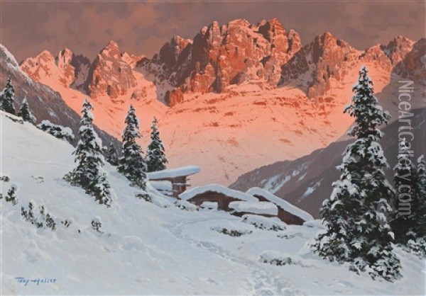 The Dolomites At Sunset Oil Painting - Hans Sterbik