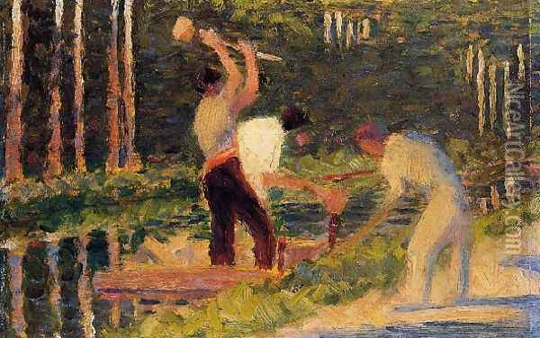 Men Laying Stakes Oil Painting - Georges Seurat