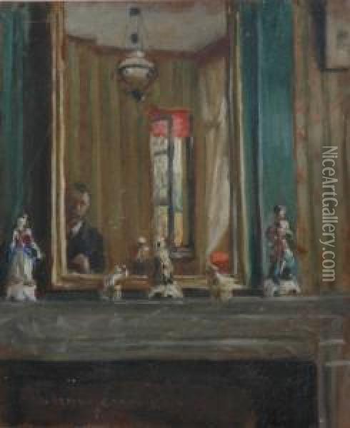 The Fire Place, The Artist Can Be Seen Reflected It The Mirror. Oil Painting - Norman Garstin