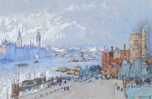 A View Of The Houses Of Parliament And Lambethpalace, London Oil Painting - Konstantin Ivanovich Gorbatov