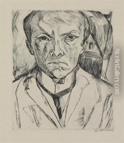 Frontal Self-portrait With House Gabe In Background (hofmaier,125) Oil Painting - Max Beckmann