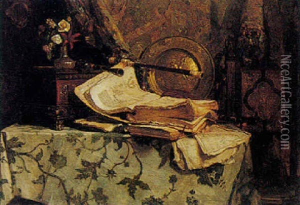 Still Life With Books And Musical Instruments Oil Painting - Hugo Charlemont
