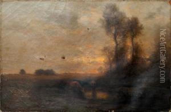 Pastoral Sunset Landscape With Cows And Stream Oil Painting - John Carleton Wiggins