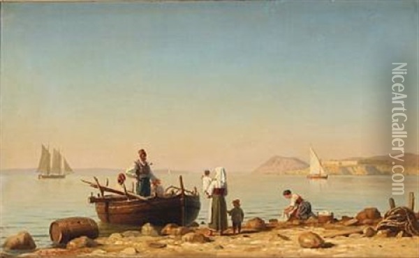 Coastal Scene From The Mediterranean Sea With Fishing Families Oil Painting - Christian Frederic Eckardt