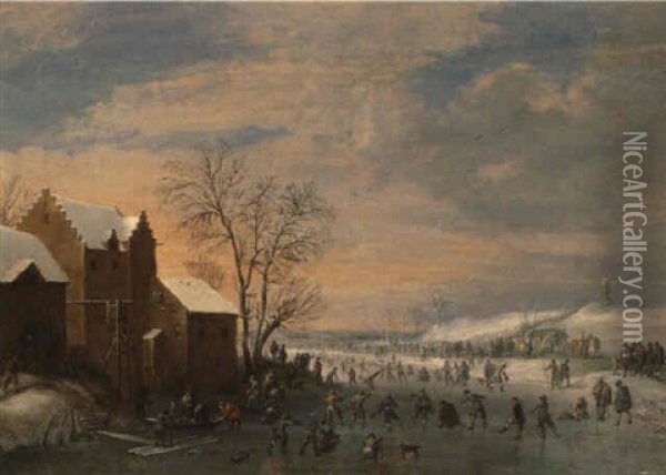 A Winter Lancscape With Skaters On A Frozen River Oil Painting - Robert van den Hoecke