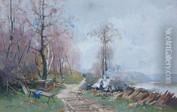 Les Faiseuses De Charbon De Bois Oil Painting - Eugene Galien-Laloue