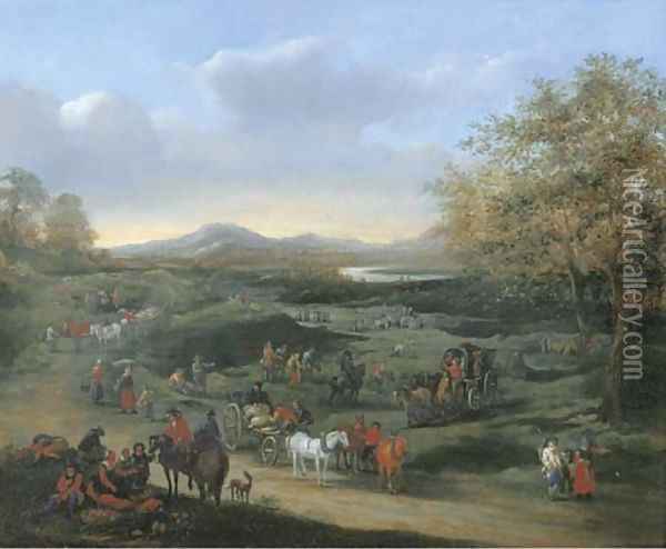 An extensive landscape with travellers on a road, other figures beyond Oil Painting - Mathys Schoevaerdts