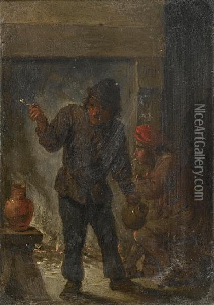 Two Topers Smoking In A Tavern Interior Oil Painting - David The Younger Teniers