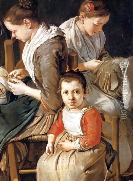 Women Working on Pillow Lace (detail) Oil Painting - Giacomo Ceruti (Il Pitocchetto)