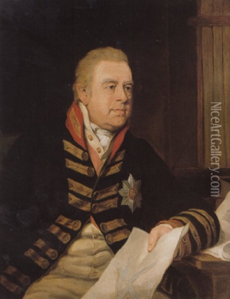 Portrait Of Sir Joseph Banks Wearing Uniform And The Order Of The Garter, Holding A Map Oil Painting - Thomas Phillips