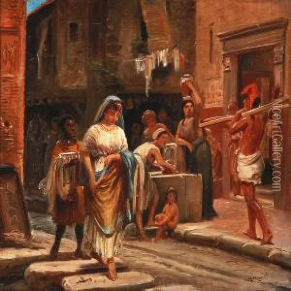 Historical Street Scene From The Ancient Pompeii In Italy Oil Painting - Vilhelm J. Rosenstand