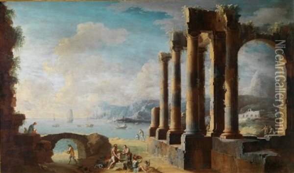 Mediterrane Kustenlandschaft Mit Klassischen Ruinen Oil Painting - Leonardo Coccorante