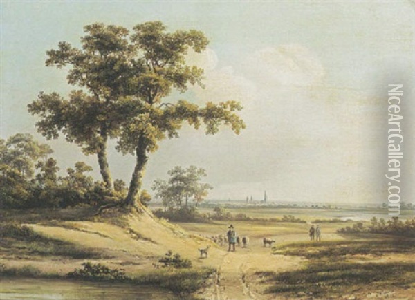An Extensive Landscape With A Shepherd And Travellers On A Sandy Track Oil Painting - Johannes Mauritz Jansen