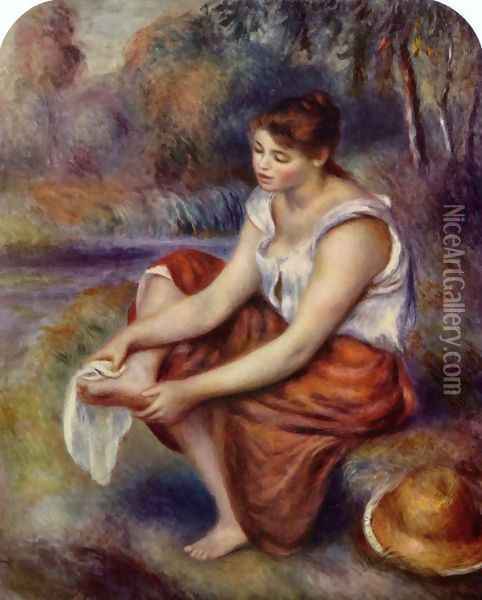 Girl, at the feet of drying Oil Painting - Pierre Auguste Renoir
