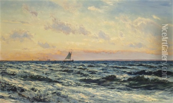 A Liner Entering The Solent At Sunset Oil Painting - Henry Moore