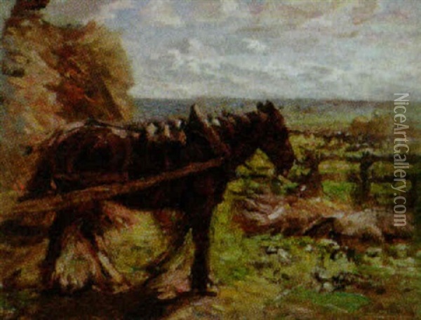 A Cart Horse Pulling A Hay Rick Oil Painting - Mark William Fisher