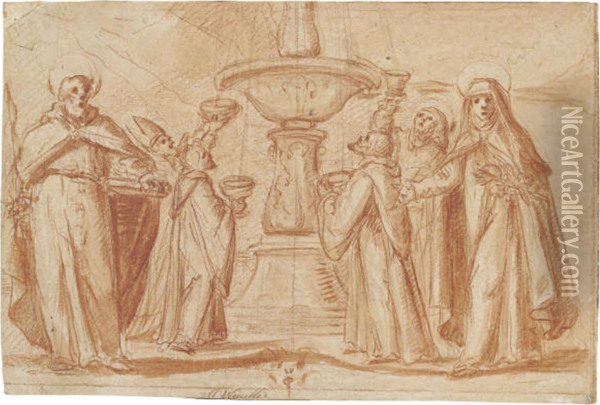 A Group Of Bishops And Monks Taking Water From A Fountain, With Saint Paul And Saint Catherine Standing In The Foreground Oil Painting - Fabrizio Boschi