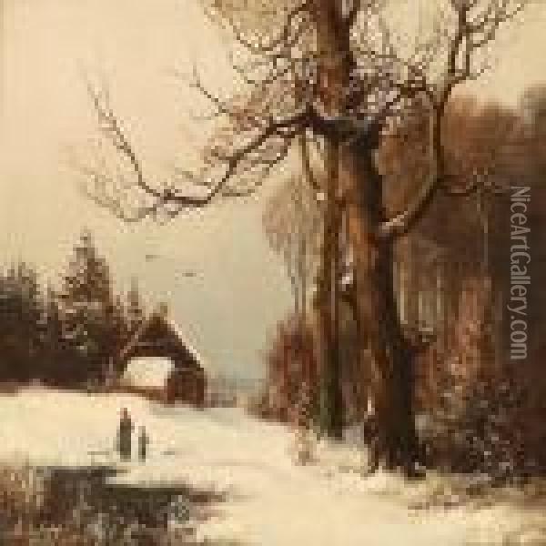 Mother And Son Near A Frozen Lake Oil Painting - Anders Anderson-Lundby