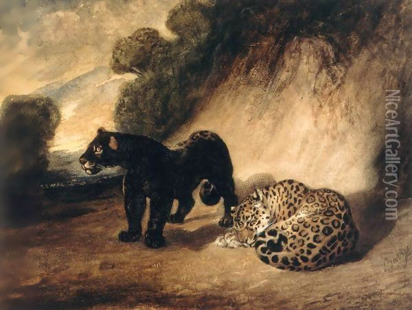 Two Jaguars from Peru Oil Painting - Antoine-louis Barye