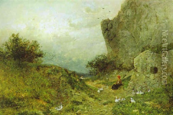 Gansehirtin An Einer Felsmauer Oil Painting - Theodor Joseph Hagen
