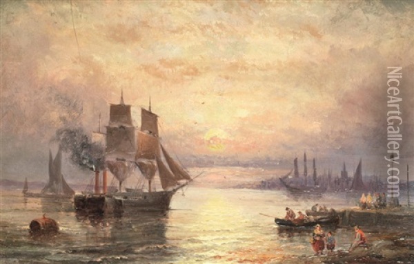'a Misty Morning, Blackwall Reach'; Sunset Across The Harbour Oil Painting - William (Anslow) Thornley