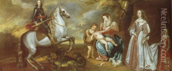 The Madonna And Child Flanked By An Equestrian Portrait Of A Prince And His Wife And Daughter Oil Painting - Daniel Mytens the Elder