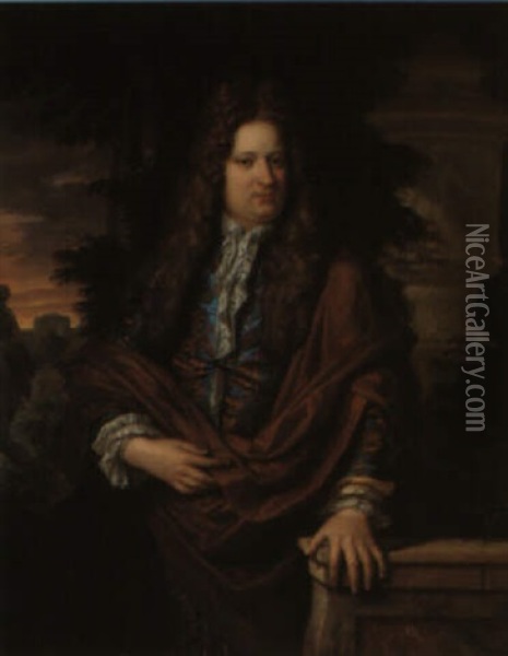 Portrait Of A Gentleman In A Blue Coat And A Maroon Cloak Oil Painting - Constantyn Netscher