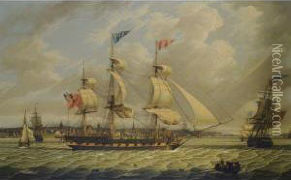 The Greenland Trader Lion, In 
Two Positions Off Liverpool, On Herreturn To The Mersey In 1807 Oil Painting - Robert Salmon