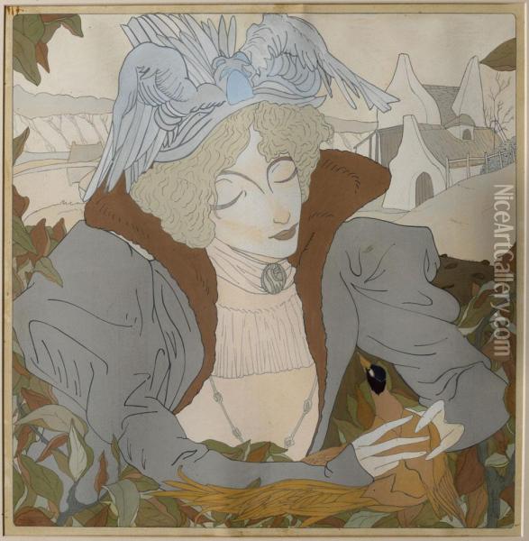 Femme A L'oiseau Oil Painting - Georges de Feure