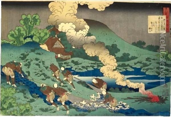Kakinomoto No Hitomaro From The Series 'Hyakunin Isshu Ubaga Etoki' Oil Painting - Katsushika Hokusai