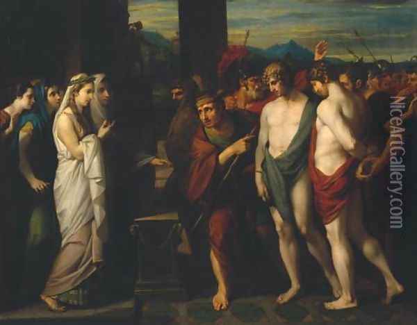 Pylades and Orestes Brought as Victims before Iphigenia Oil Painting - Benjamin West
