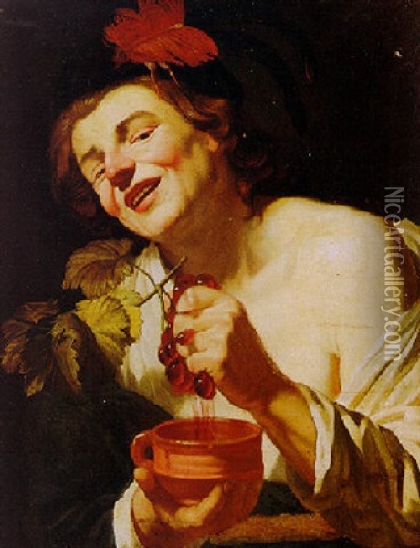 A Smiling Young Man Squeezing Grapes Oil Painting - Gerrit Van Honthorst