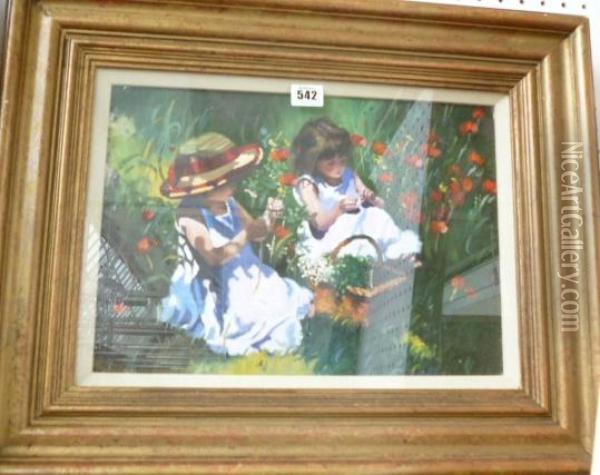 Two Girls Picking Poppies Oil Painting - Sharyn Jennings