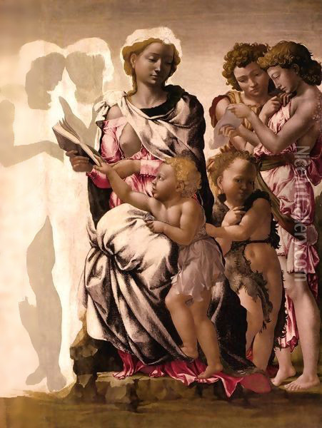 Virgin and Child with St John and Angels Oil Painting - Michelangelo Buonarroti