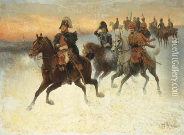 Le Marechal Ney Et Napoleon Et Leurs Troupes Pendant La Campagne Derussie Oil Painting - Jan van Chelminski