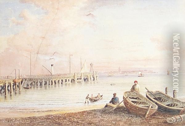 The Old Pier Felixstowe, Looking Towards Harwich, With The Black Dog Steamboat Oil Painting - Thomas Smythe