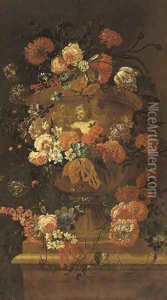 Roses, carnations, tulips, morning glory, narcissi and other flowers in a sculpted urn on a stone ledge Oil Painting - Jean-Baptiste Morel